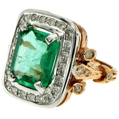 Retro 4.20 Carat Emerald Diamond Gold Ring