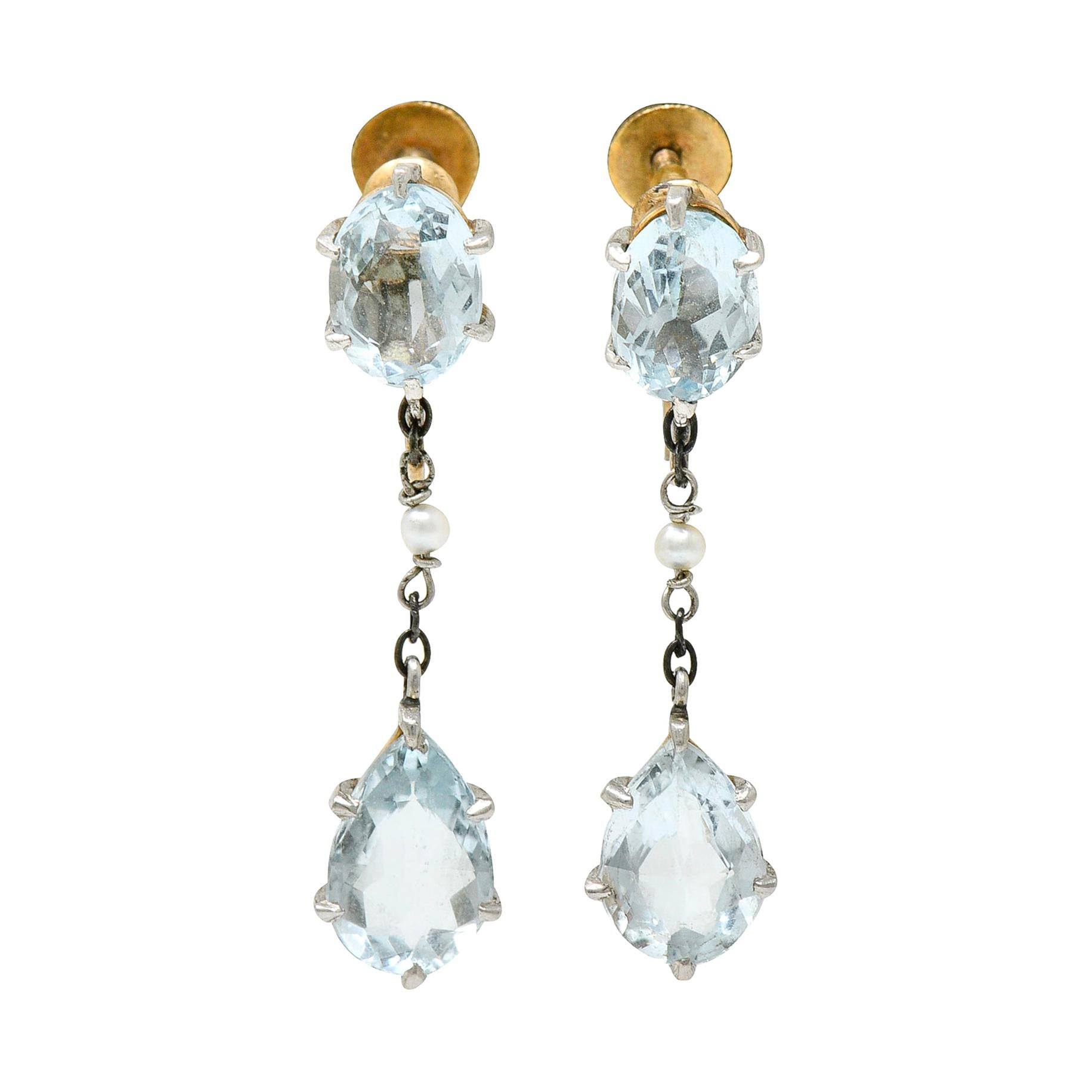 Retro 4.24 Carat Aquamarine Natural Pearl Platinum 14 Karat Gold Earrings