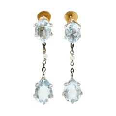 Retro 4.24 Carat Aquamarine Natural Pearl Platinum 14 Karat Gold Earrings