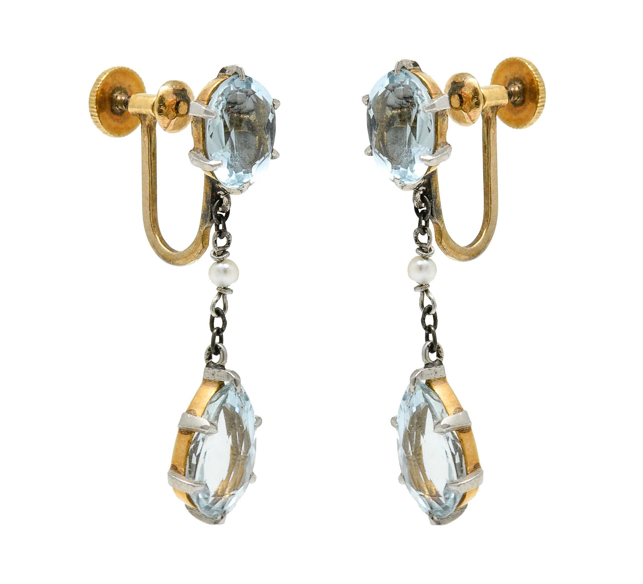 Retro 4.24 Carat Aquamarine Natural Pearl Platinum 14 Karat Gold Earrings In Excellent Condition In Philadelphia, PA