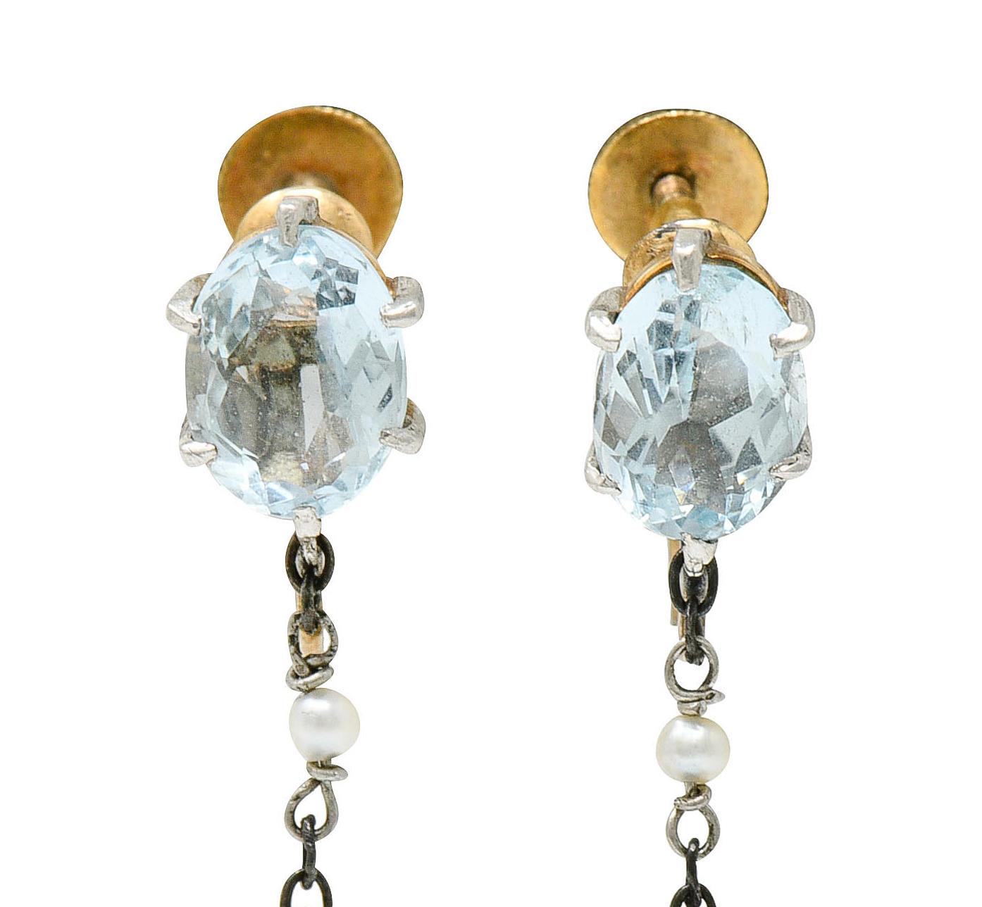 Women's or Men's Retro 4.24 Carat Aquamarine Natural Pearl Platinum 14 Karat Gold Earrings
