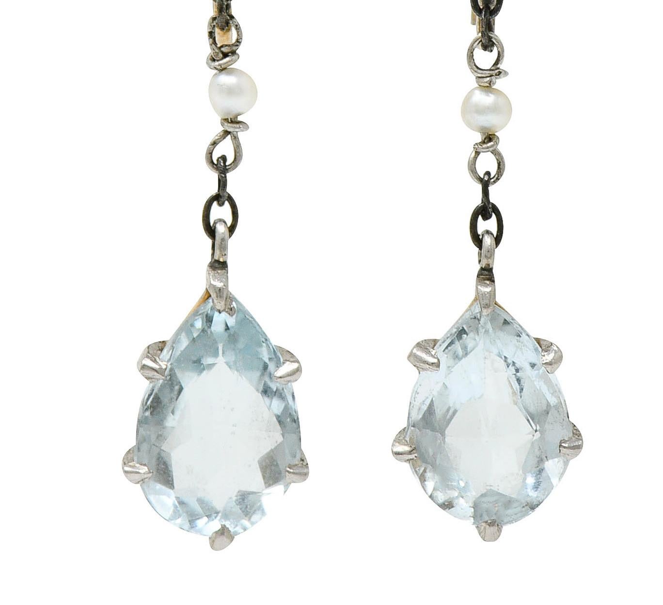 Retro 4.24 Carat Aquamarine Natural Pearl Platinum 14 Karat Gold Earrings 1