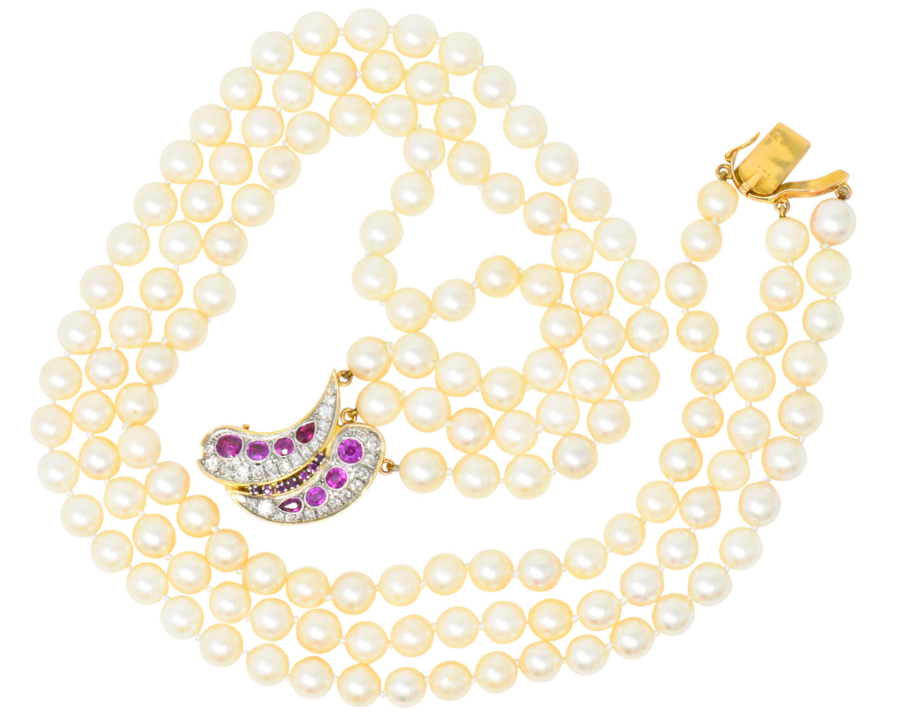 Retro 4.50 Carat Ruby Diamond Three-Strand Cultured Pearl 18 Karat Gold Necklace 2