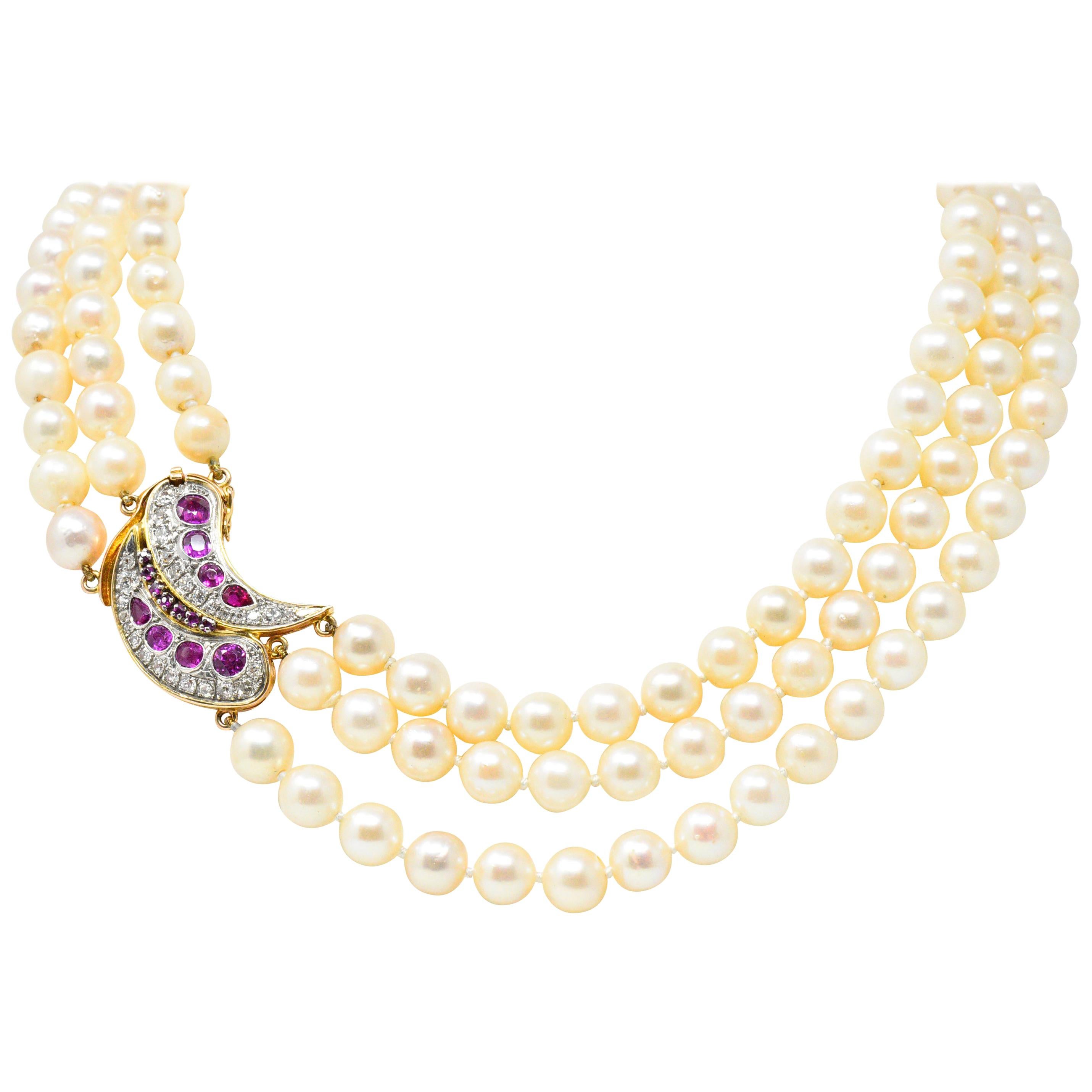 Retro 4.50 Carat Ruby Diamond Three-Strand Cultured Pearl 18 Karat Gold Necklace