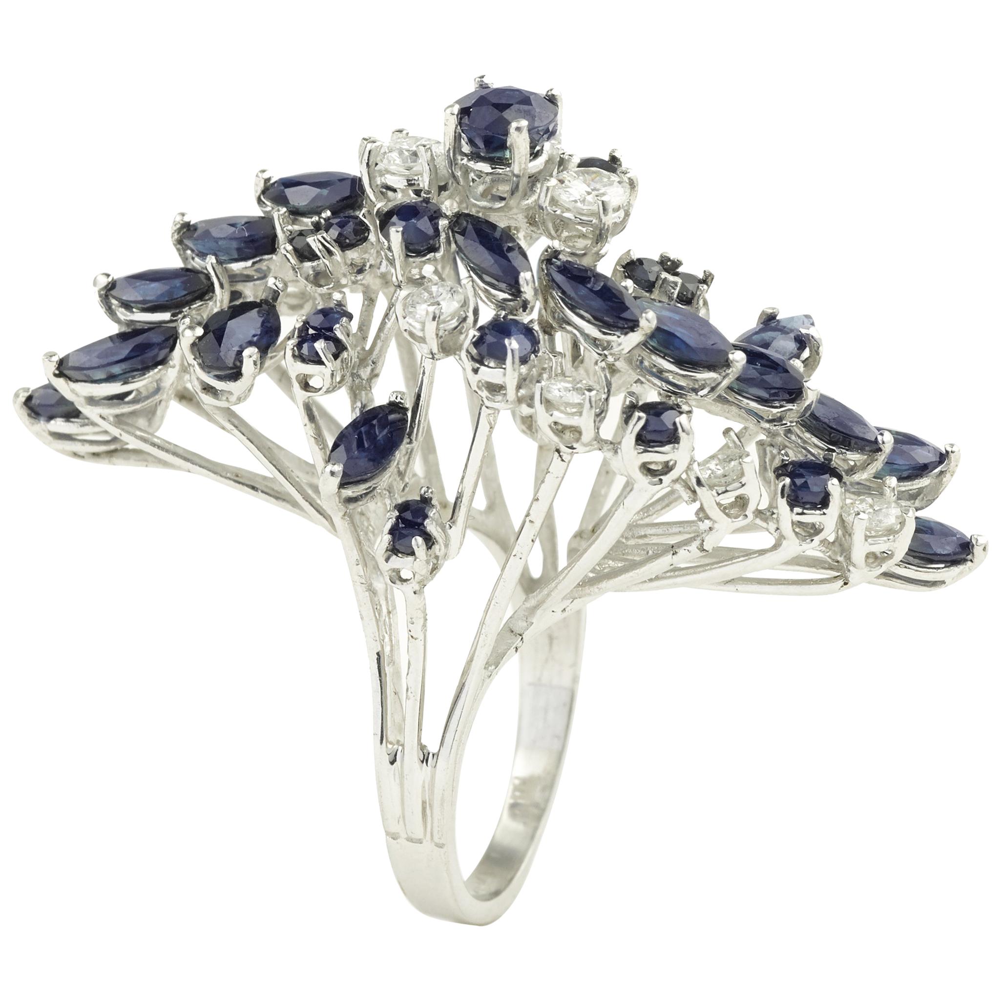 Retro 4.50 Carat Sapphires and Diamonds White Gold Cluster Cocktail Ring