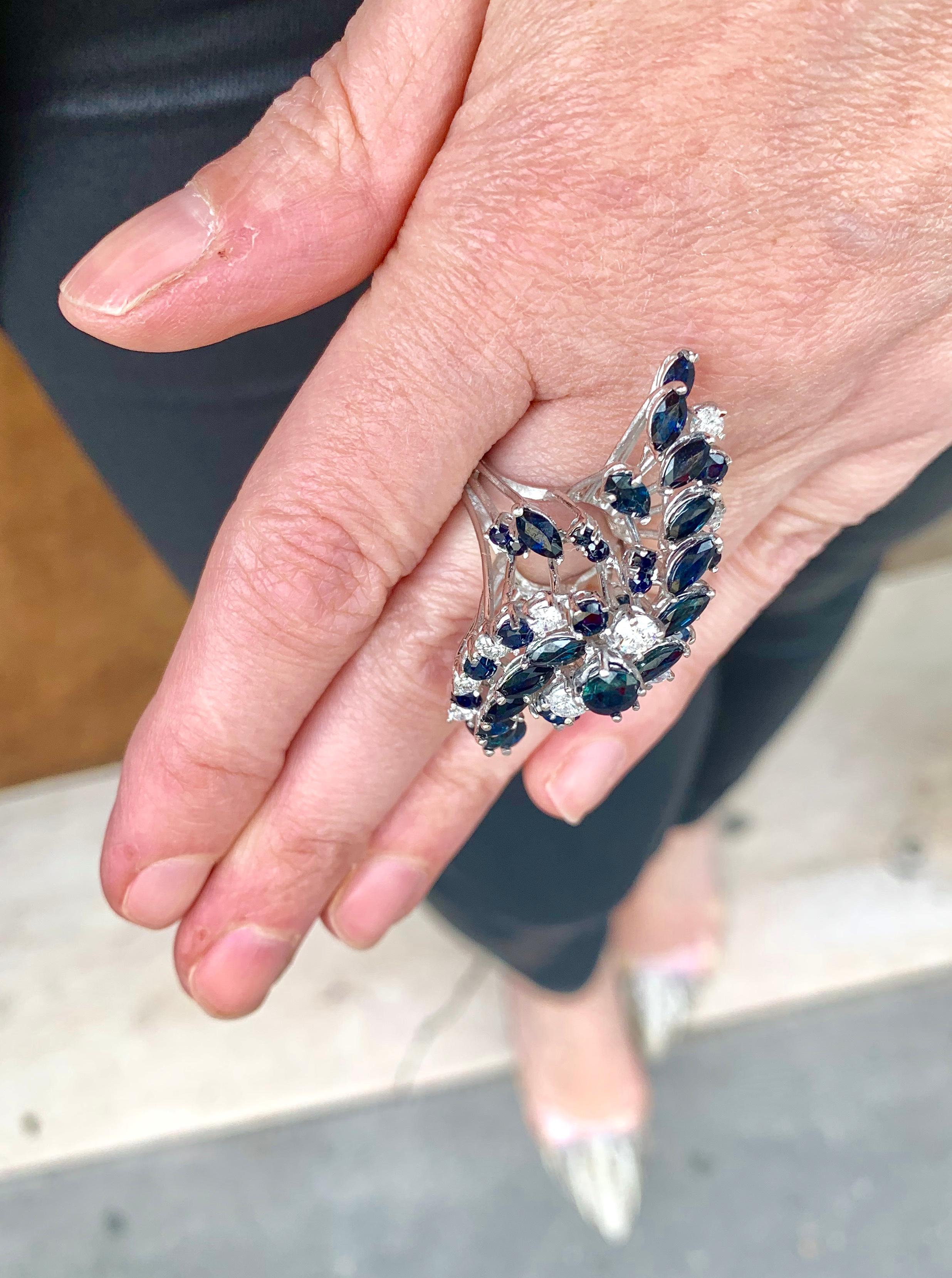 Women's Retro 4.50 Carat Sapphires and Diamonds White Gold Cluster Cocktail Ring