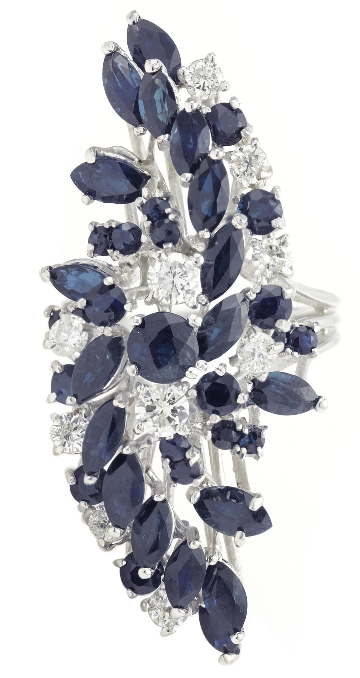 Marquise Cut Retro 4.50 Carat Sapphires and Diamonds White Gold Cluster Cocktail Ring