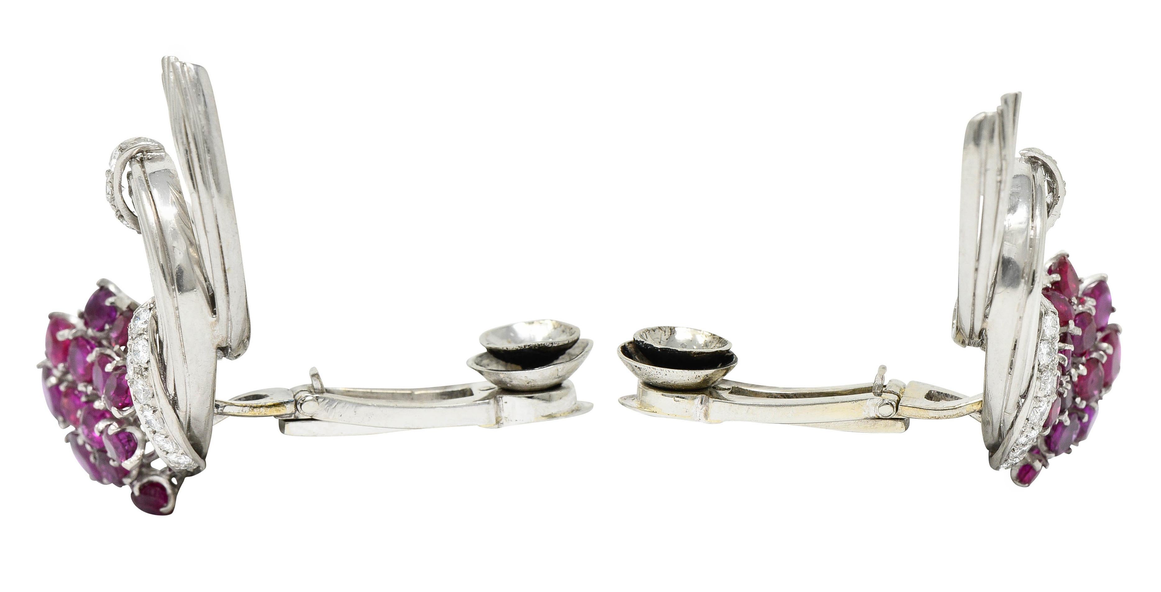 Brilliant Cut Retro 4.65 Carats Ruby Diamond Platinum Spiraling Ear-Clip Earrings