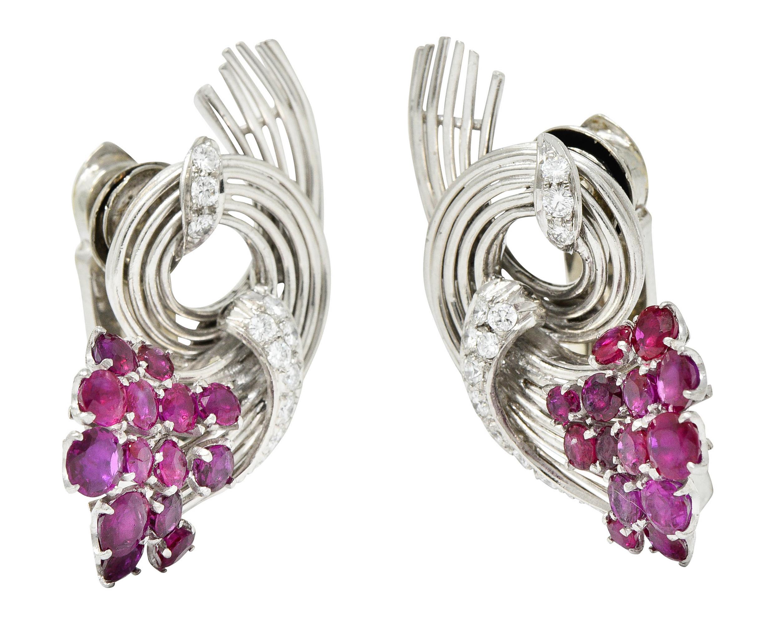 Retro 4.65 Carats Ruby Diamond Platinum Spiraling Ear-Clip Earrings In Excellent Condition In Philadelphia, PA