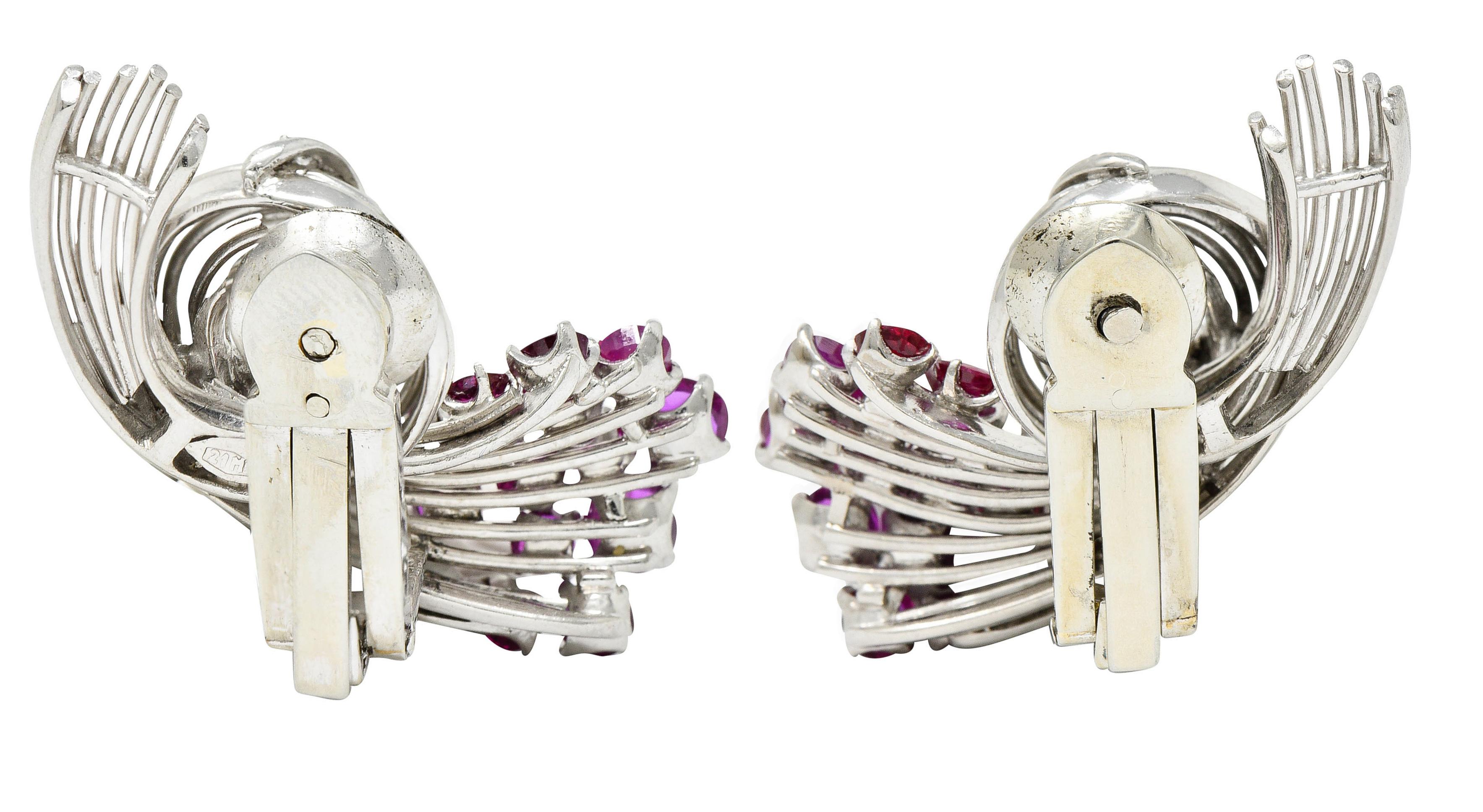 Women's or Men's Retro 4.65 Carats Ruby Diamond Platinum Spiraling Ear-Clip Earrings
