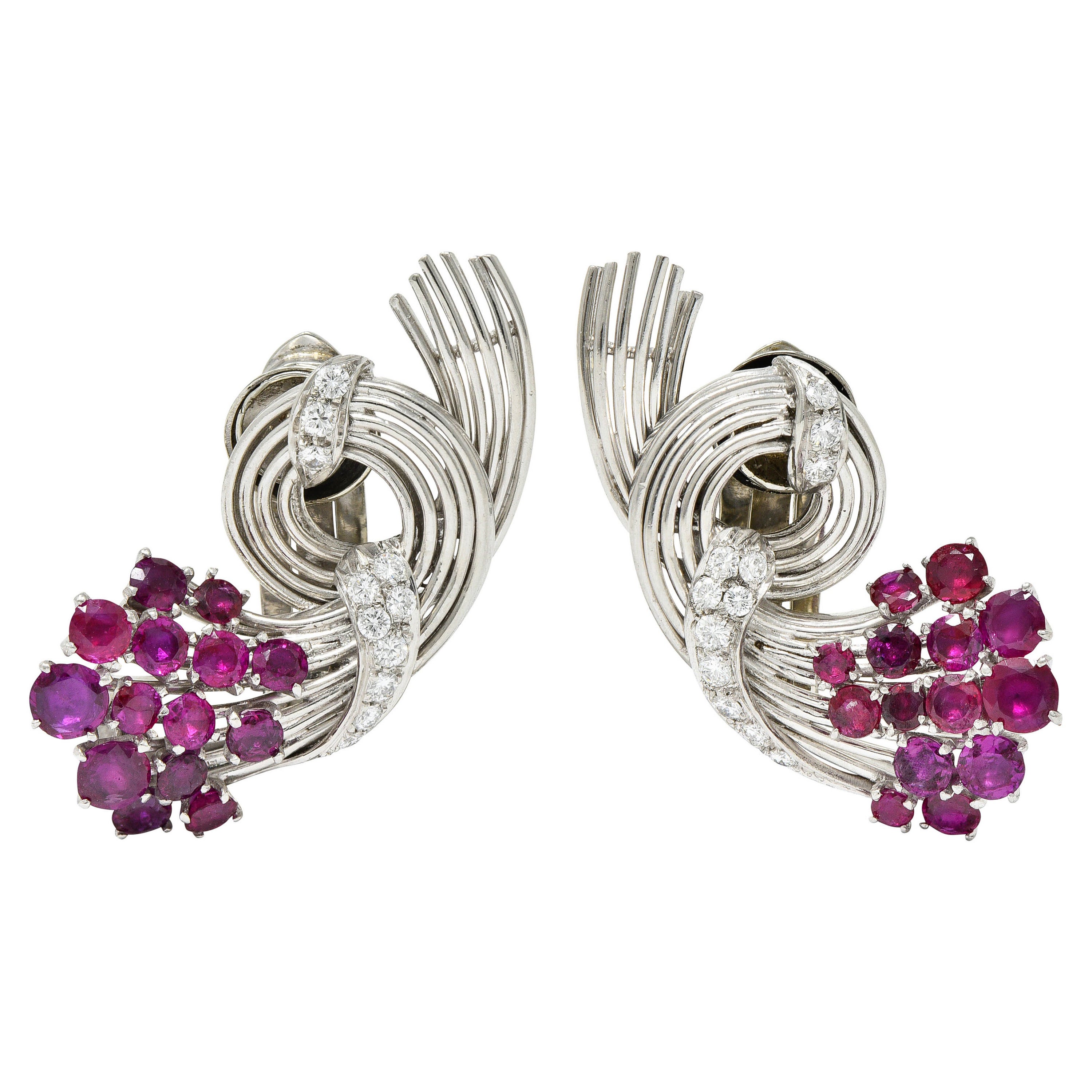 Retro 4.65 Carats Ruby Diamond Platinum Spiraling Ear-Clip Earrings