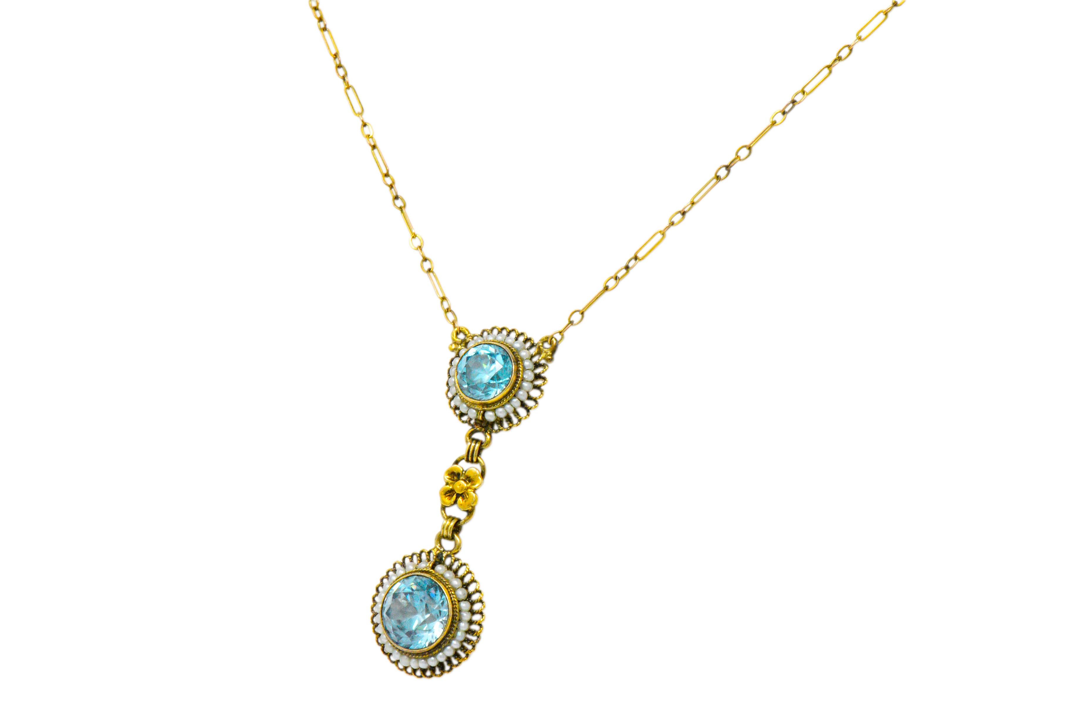 Retro 4.75 Carat Blue Zircon Seed Pearl 14 Karat Gold Drop Necklace 2