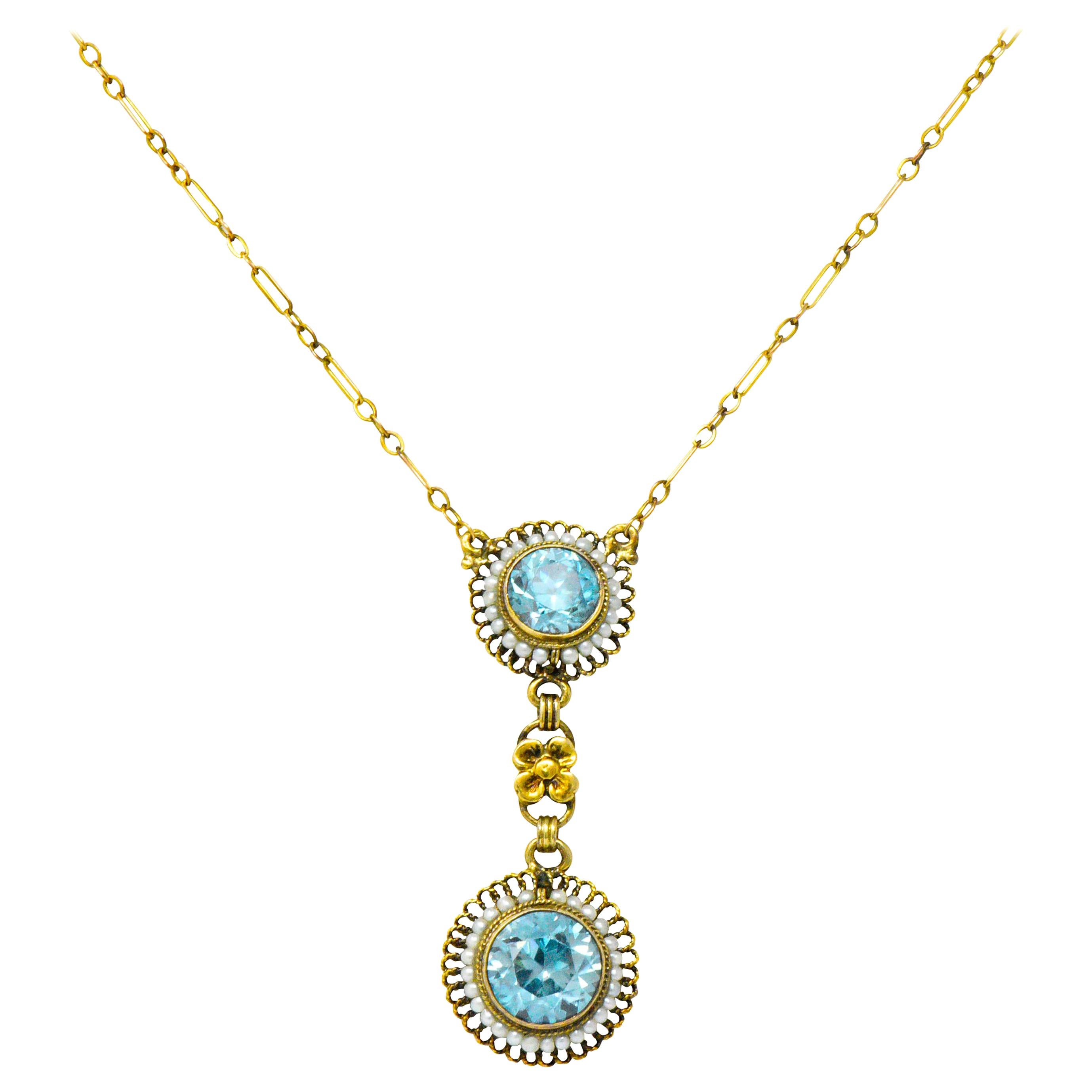 Retro 4.75 Carat Blue Zircon Seed Pearl 14 Karat Gold Drop Necklace