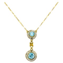 Retro 4.75 Carat Blue Zircon Seed Pearl 14 Karat Gold Drop Necklace