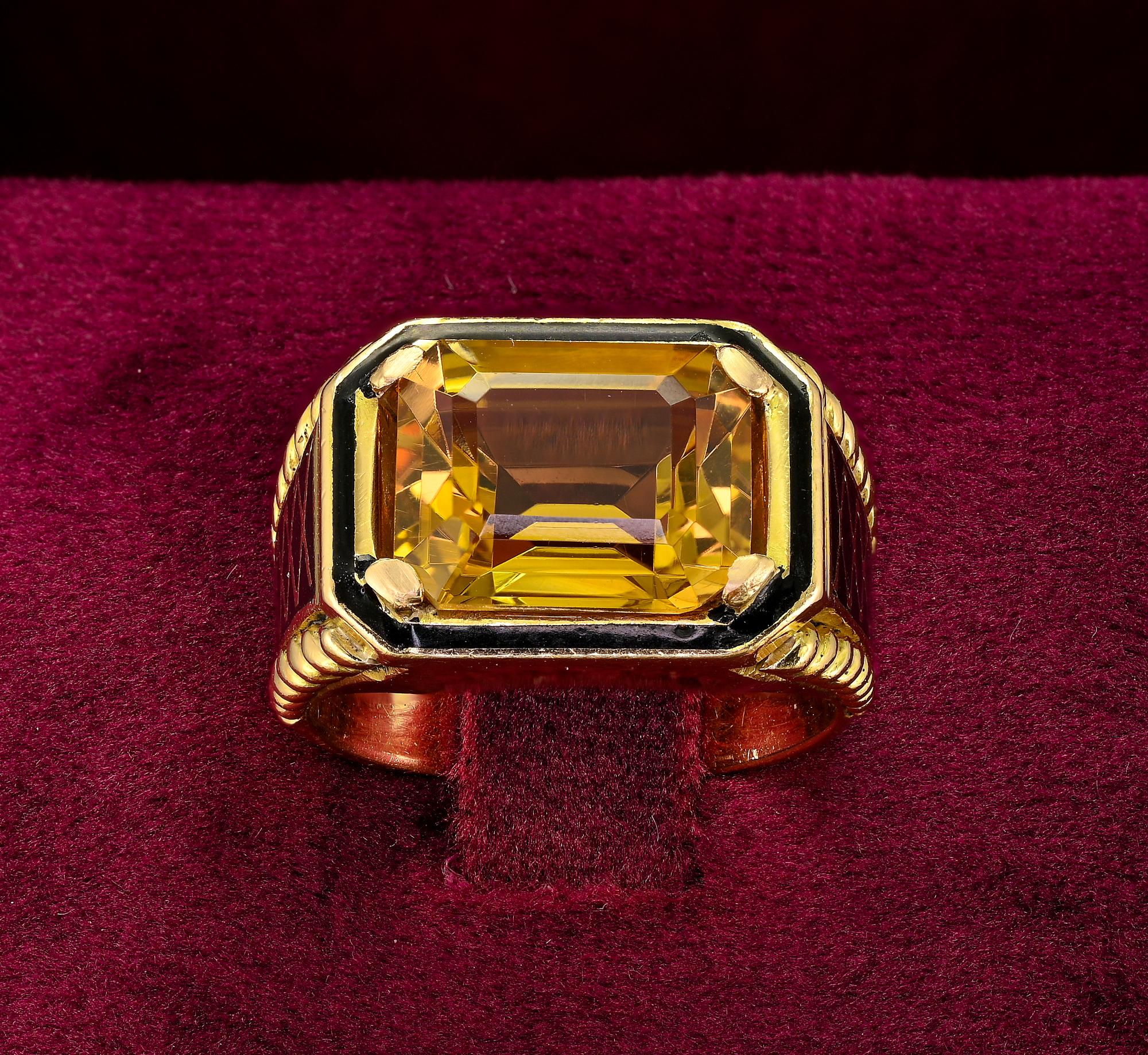 Marvelous Retro Italian ring 1940 circa
Individually hand crafted as unique of solid 18 KT, 13.9 grams in weight
Fascinating unique design shaped in horizontal octagonal head with black enameling framing the beautiful Citrine as main stone and