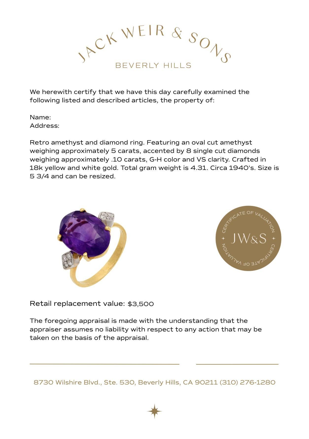 Donna Retro 5 carat amethyst diamond 18k yellow and white gold cocktail ring in vendita