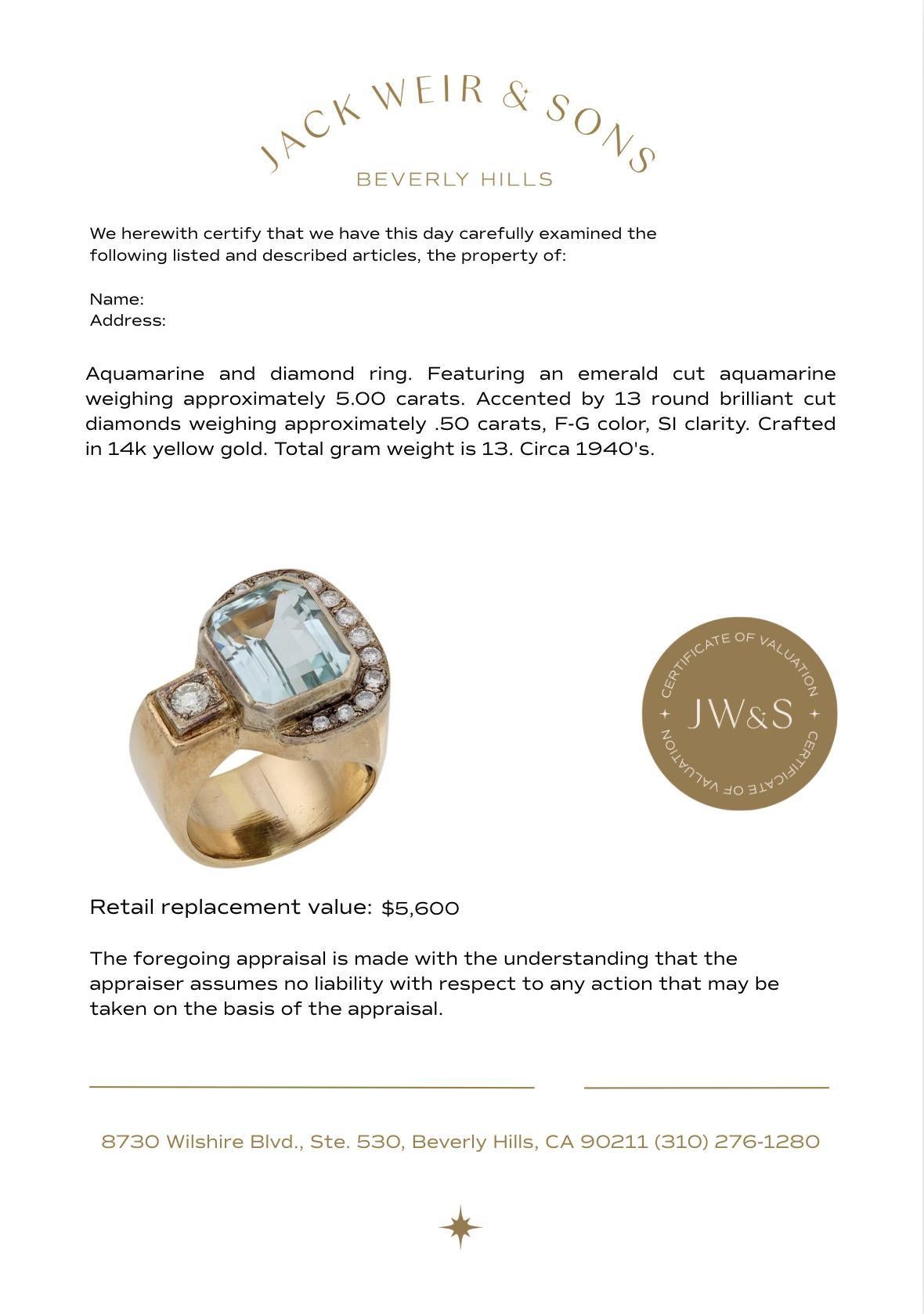 Retro 5 carat aquamarine diamond 14k yellow gold cocktail ring In Good Condition For Sale In Beverly Hills, CA