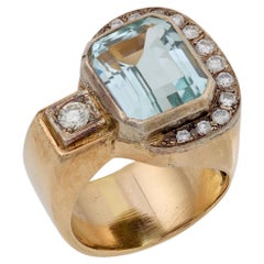 Anillo de cóctel retro 5 quilates aguamarina diamante oro amarillo 14k