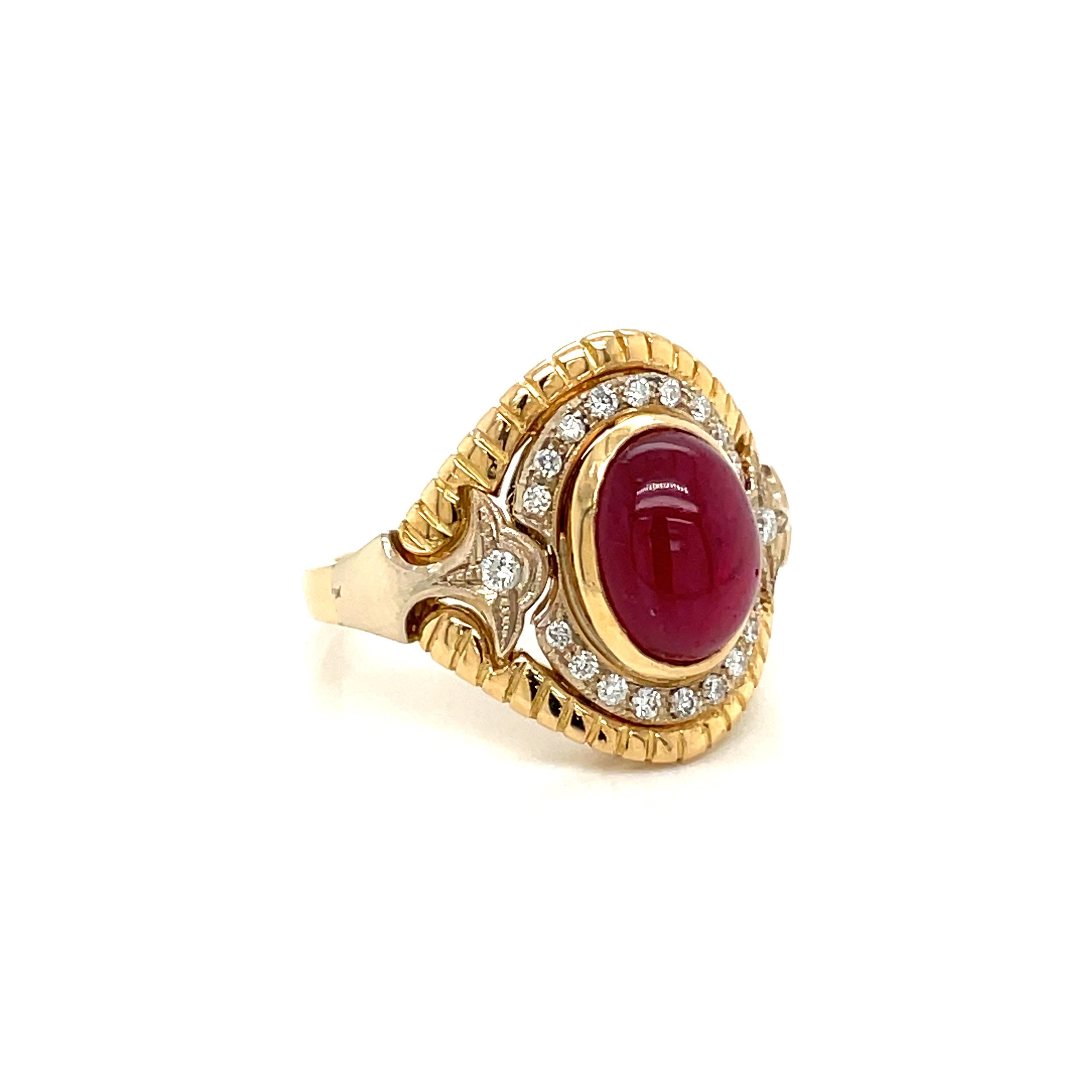 Beautiful Retro Cocktail Ring mounted in 18k yellow gold set with a natural Ruby weighing 5 cts surrounded by approx. .50 carats of round brilliant cut diamonds graded G color Vvs.

CONDITION: Pre-owned - Excellent 
METAL:18k gold
DESIGN ERA: Retro