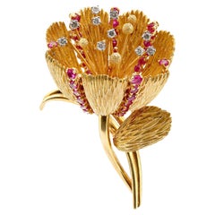 Broche flor tulipán retro 5 quilates peso total rubí diamante oro 18k