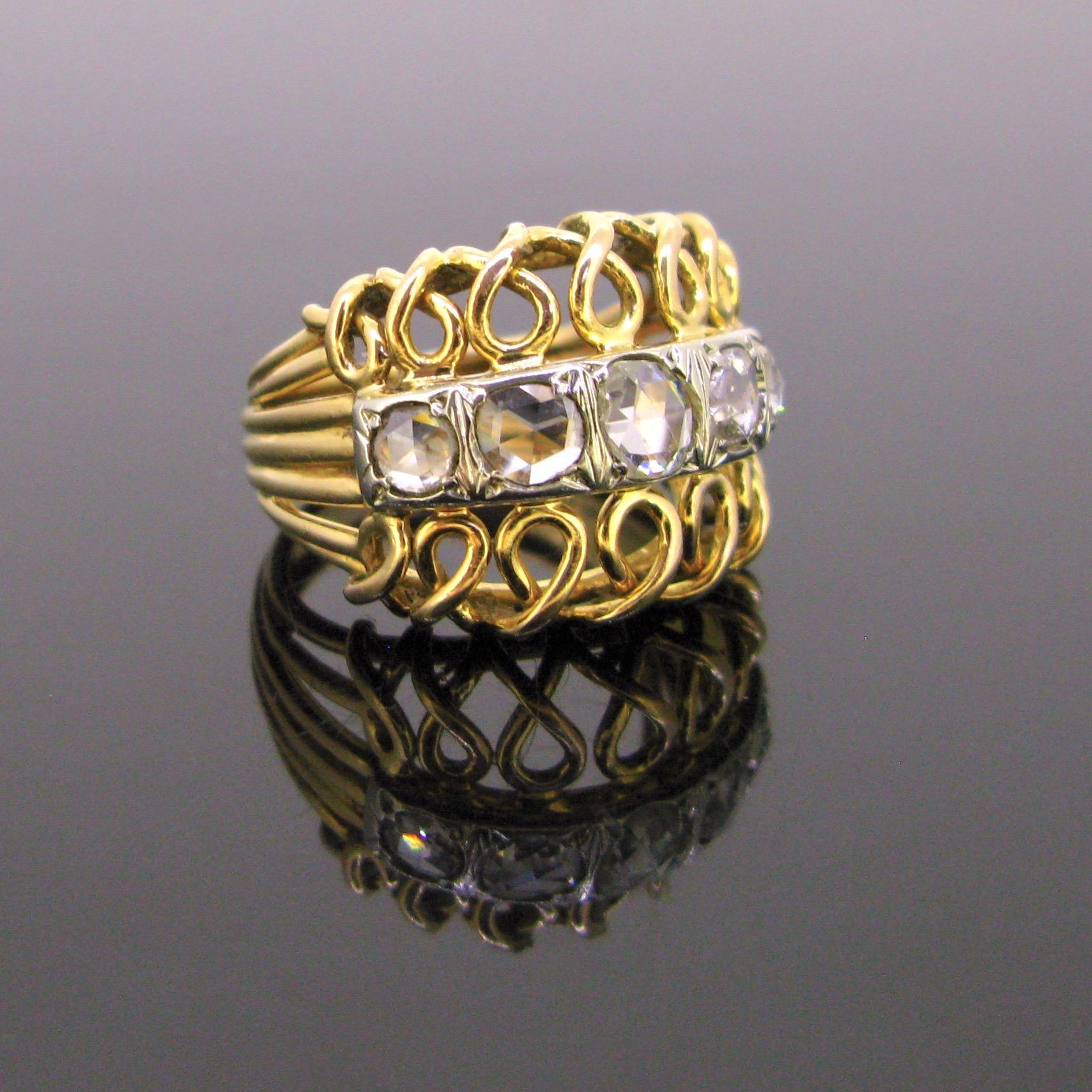 Weight: 9,86gr

Metal: 18kt Yellow Gold and Platinum

Stones: 5 Diamonds
• Cut: Rose cut
• Carat Weight: 1.50ct approx.
• Color: H/I
• Clarity: VS/SI

Condition: Very Good

Comments: This beautiful ring from the Sixties is made in 18kt yellow gold