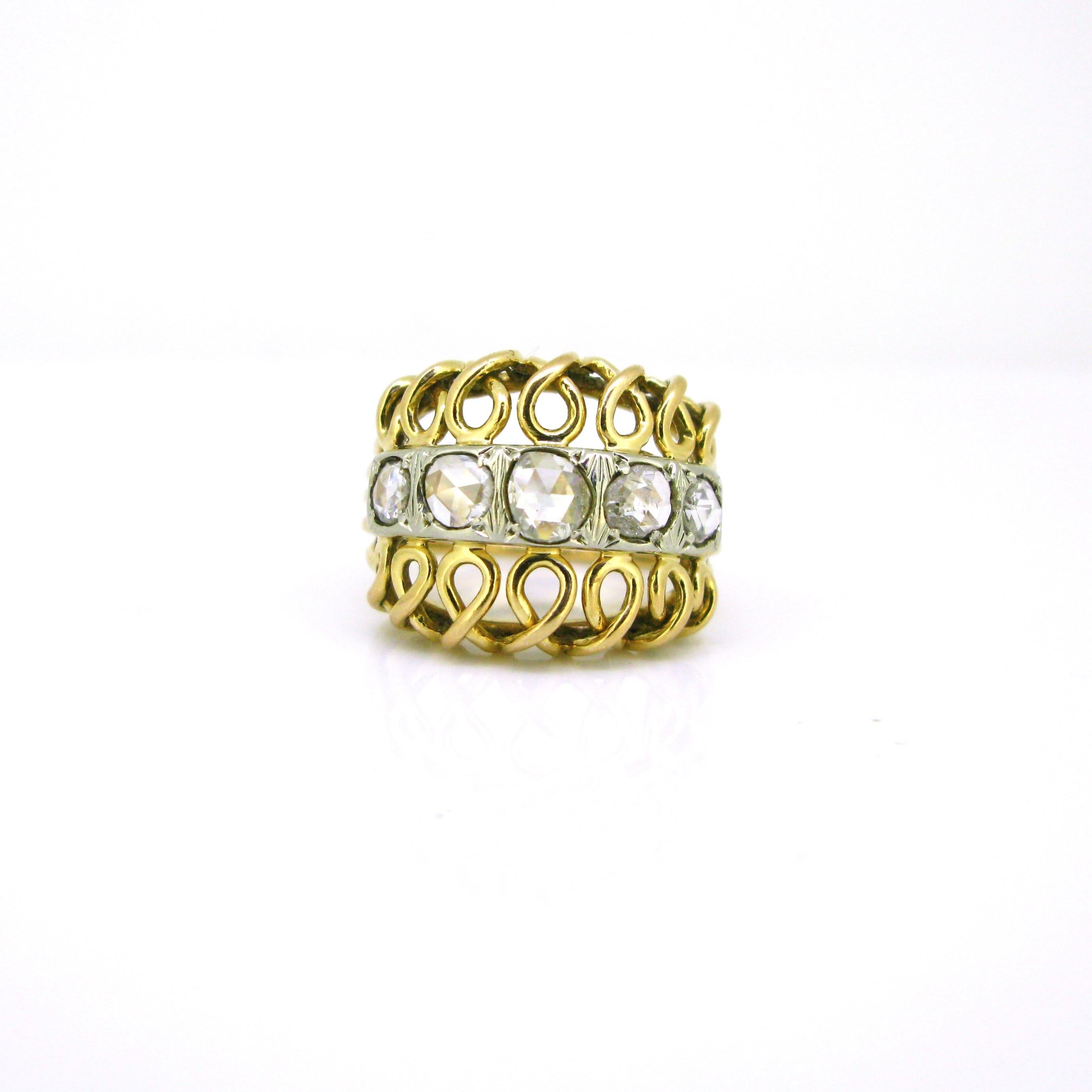 Retro 5 Diamanten im Rosenschliff Bombe Gelbgold Platin Ring im Zustand „Gut“ im Angebot in London, GB