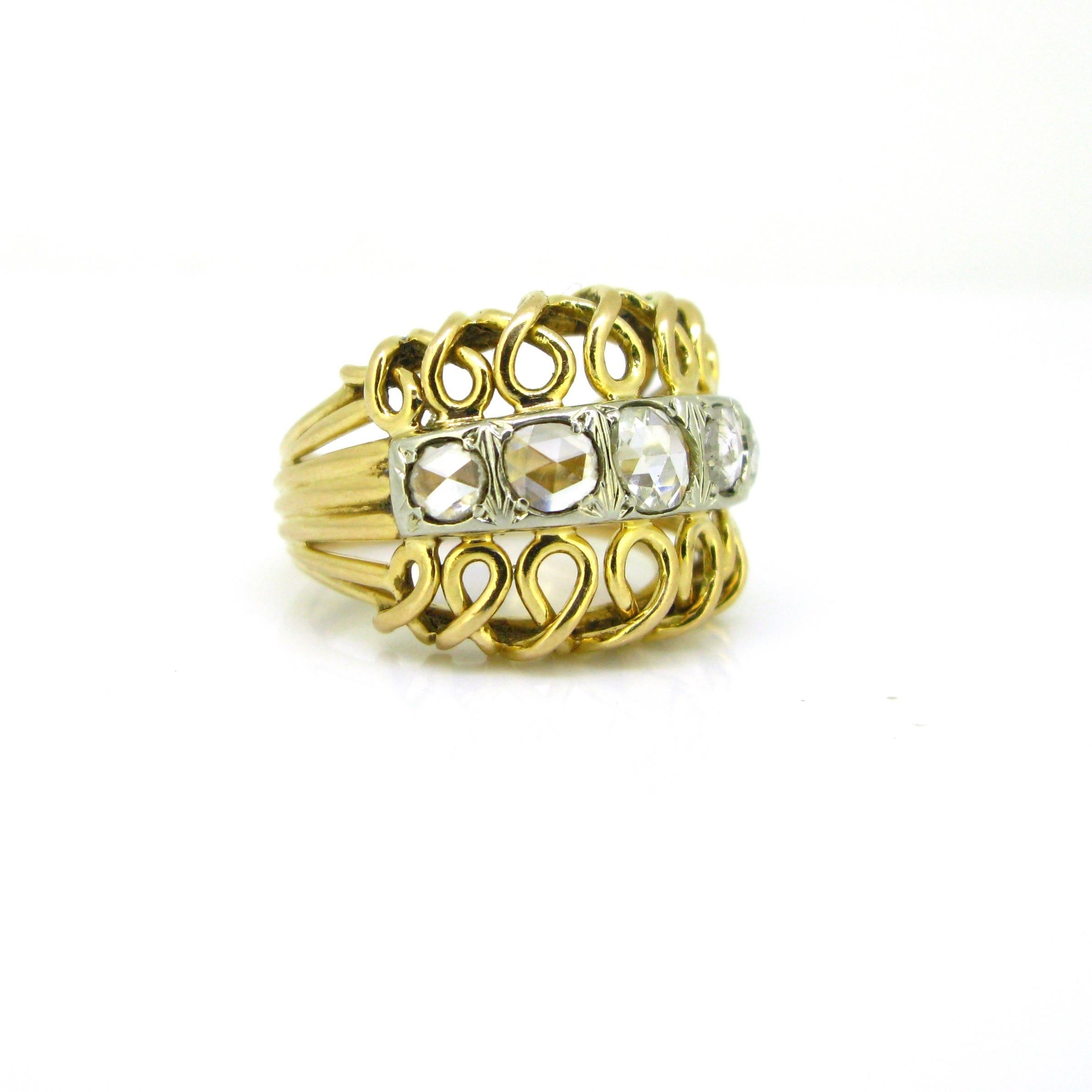 Retro 5 Rose Cut Diamonds Bombe Yellow Gold Platinum Ring In Good Condition For Sale In London, GB