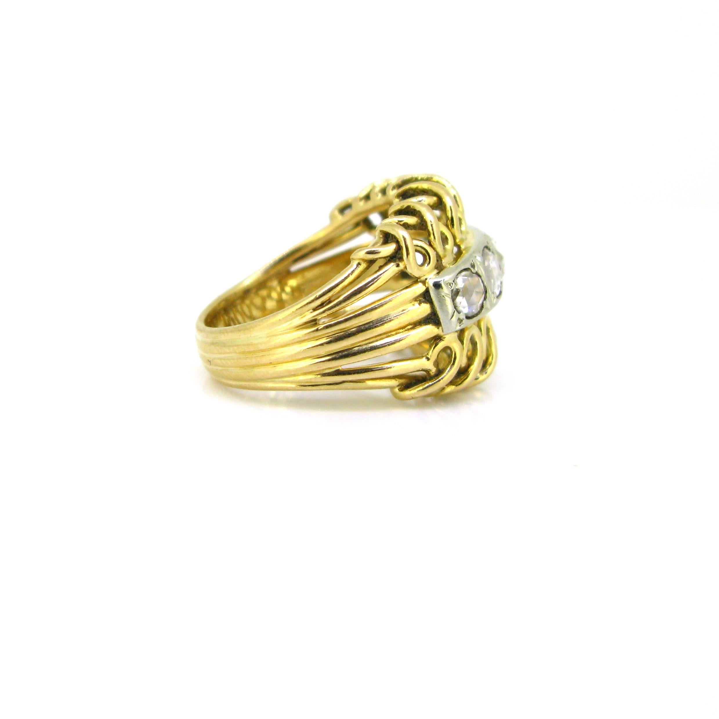 Women's or Men's Retro 5 Rose Cut Diamonds Bombe Yellow Gold Platinum Ring For Sale