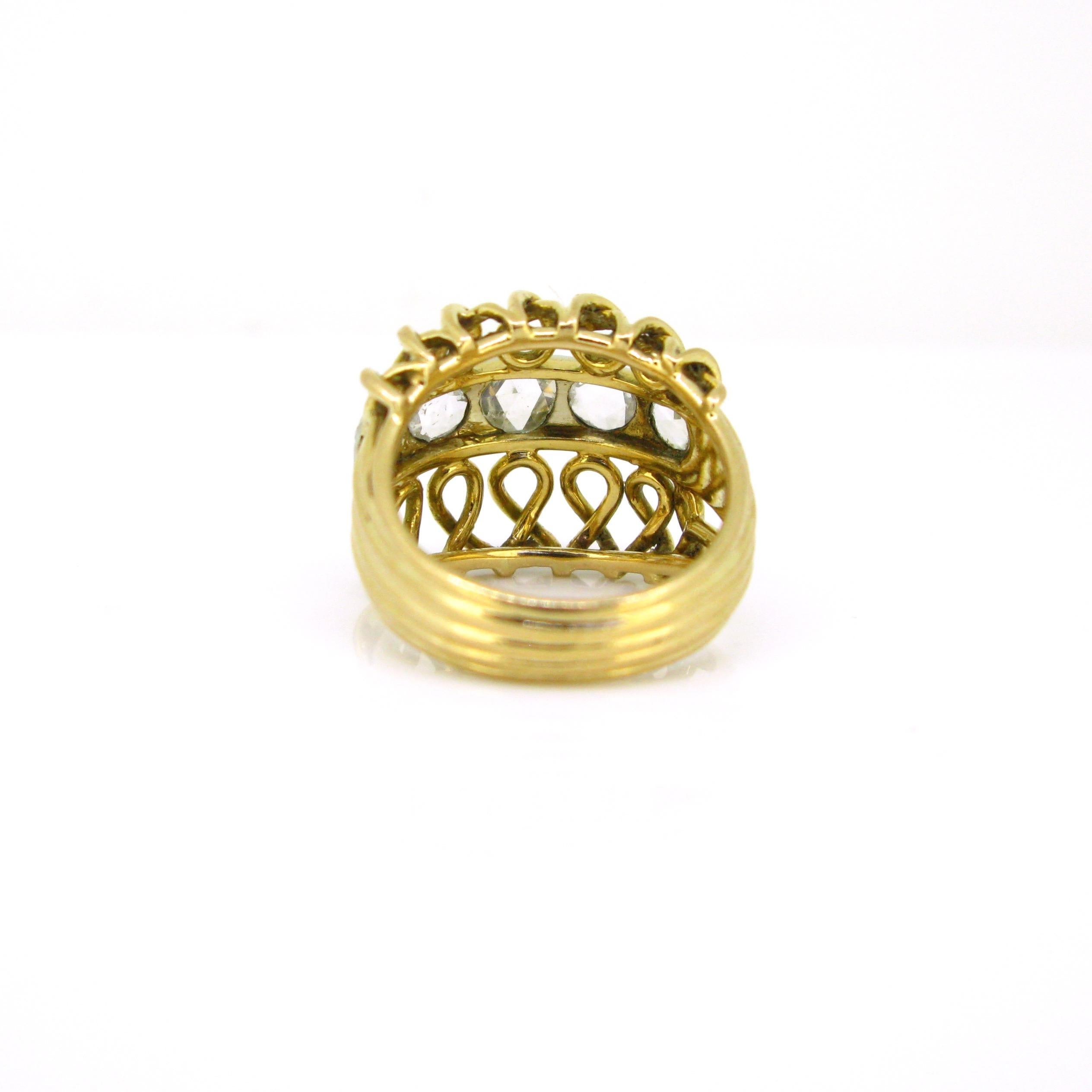 Retro 5 Rose Cut Diamonds Bombe Yellow Gold Platinum Ring For Sale 1