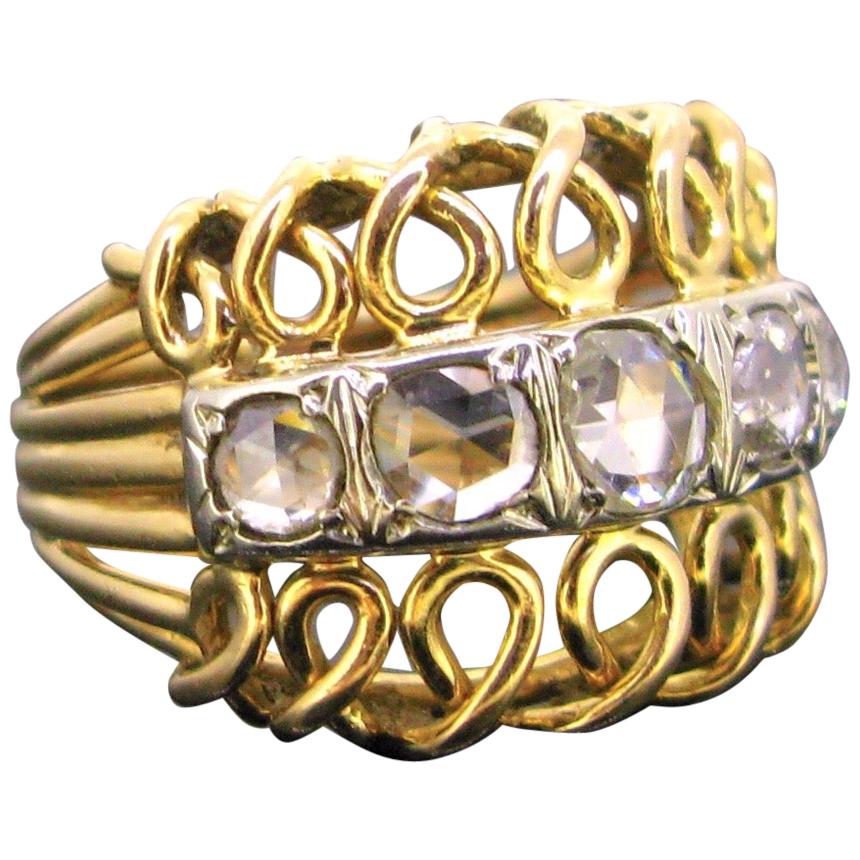 Retro 5 Rose Cut Diamonds Bombe Yellow Gold Platinum Ring For Sale