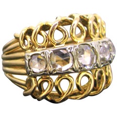 Vintage 5 Rose Cut Diamonds Bombe Yellow Gold Platinum Ring