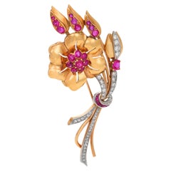 Retro 5.00 carat ruby and diamond 14k yellow gold flower brooch