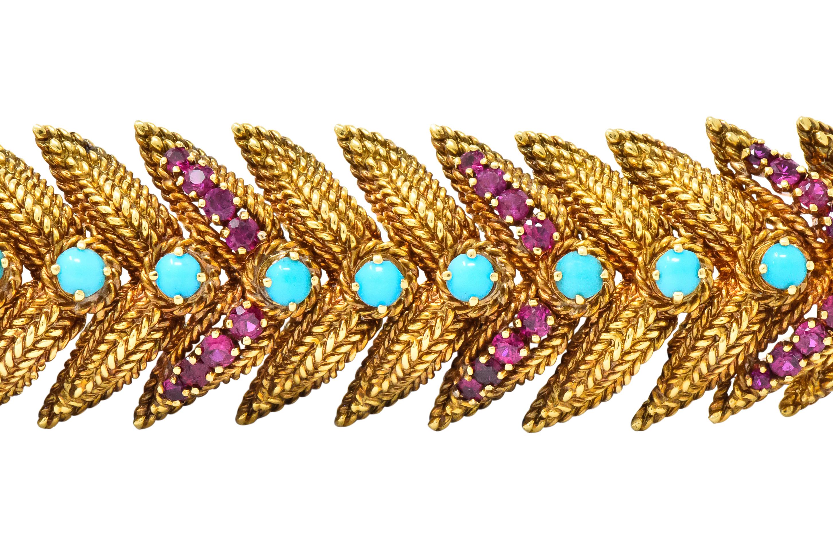 Retro 5.00 Carat Ruby Turquoise 18 Karat Gold Bracelet In Excellent Condition In Philadelphia, PA
