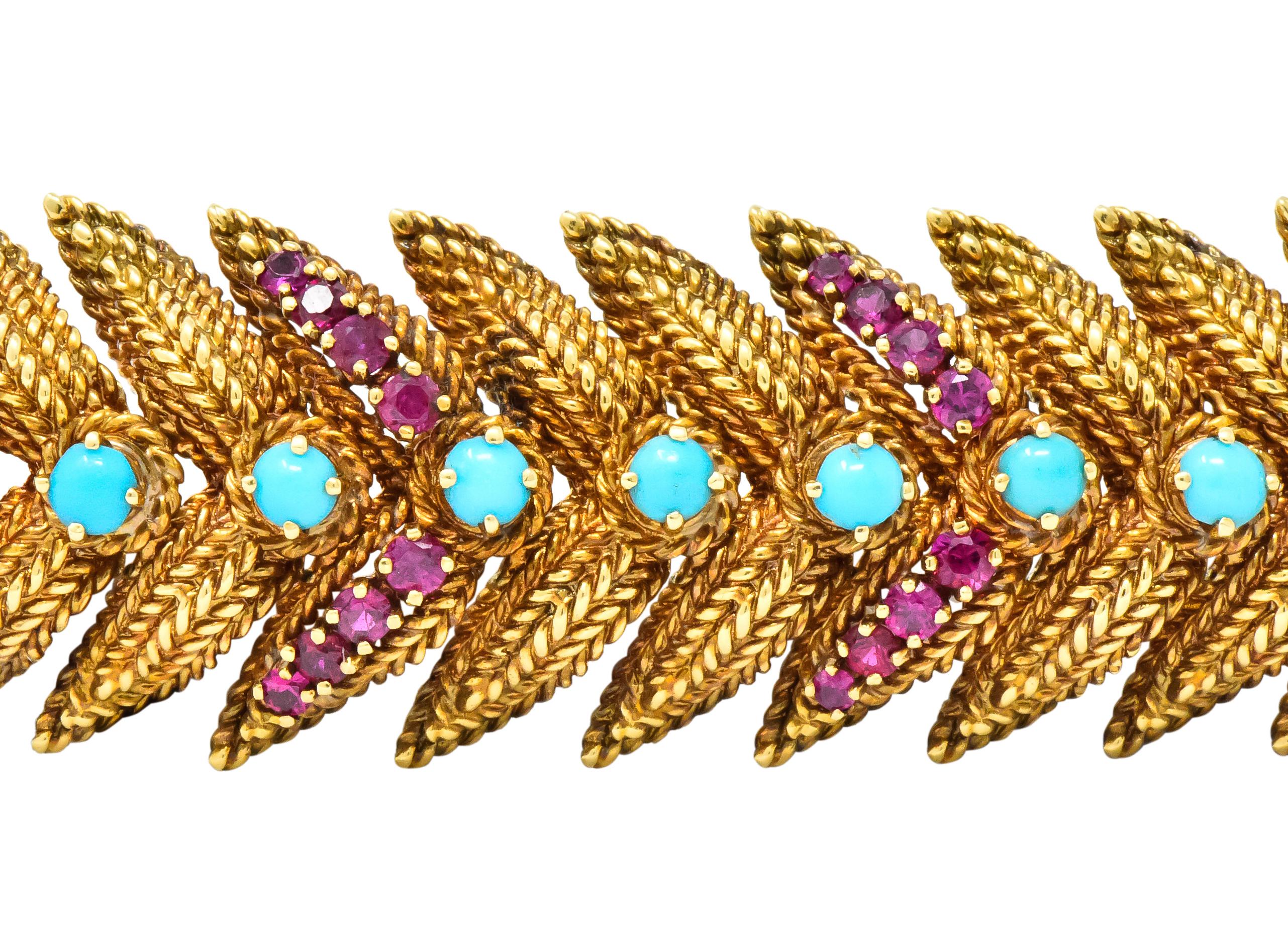 Women's or Men's Retro 5.00 Carat Ruby Turquoise 18 Karat Gold Bracelet