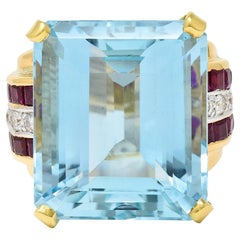 Retro 50.77 CTW Aquamarine Diamond Ruby Platinum 18 Karat Gold Vintage Ring