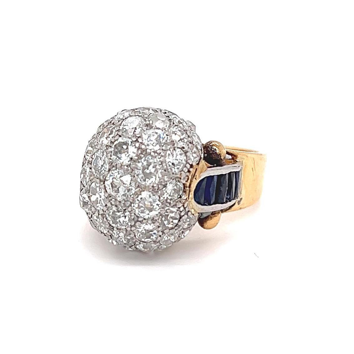 Retro 5.10 Carats Diamonds Sapphire 18 Karat Yellow Gold Bombé Dome Ring 1