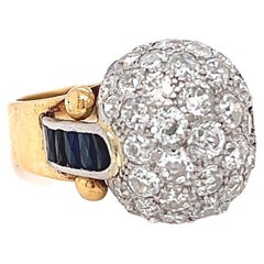 Retro 5.10 Carats Diamonds Sapphire 18 Karat Yellow Gold Bombé Dome Ring