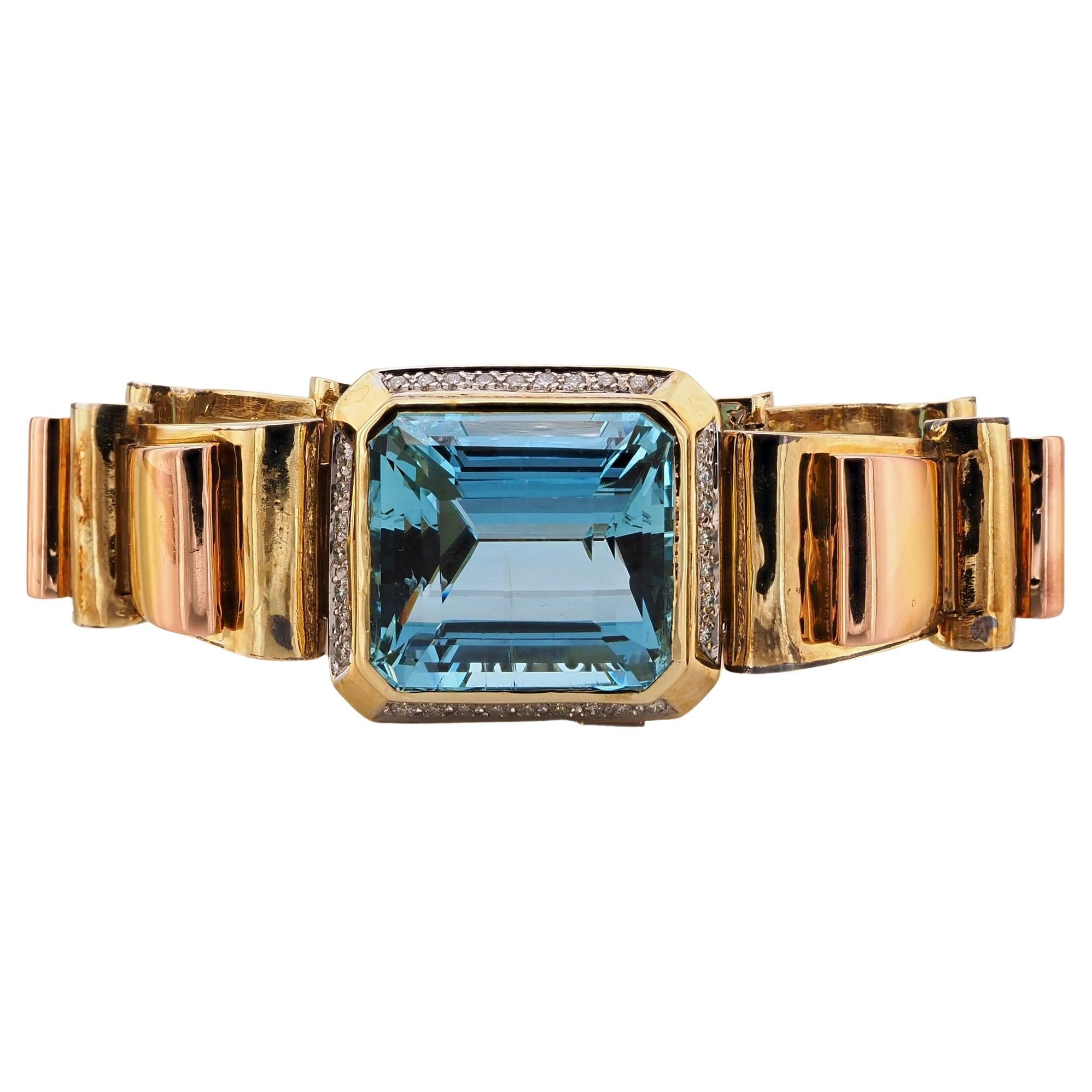 Retro 51,00 Karat Aquamarin .90 Karat Diamant Tank 18 KT Armband