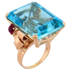 Retro 51.29 carat aquamarine ruby 14K rose gold cocktail ring
