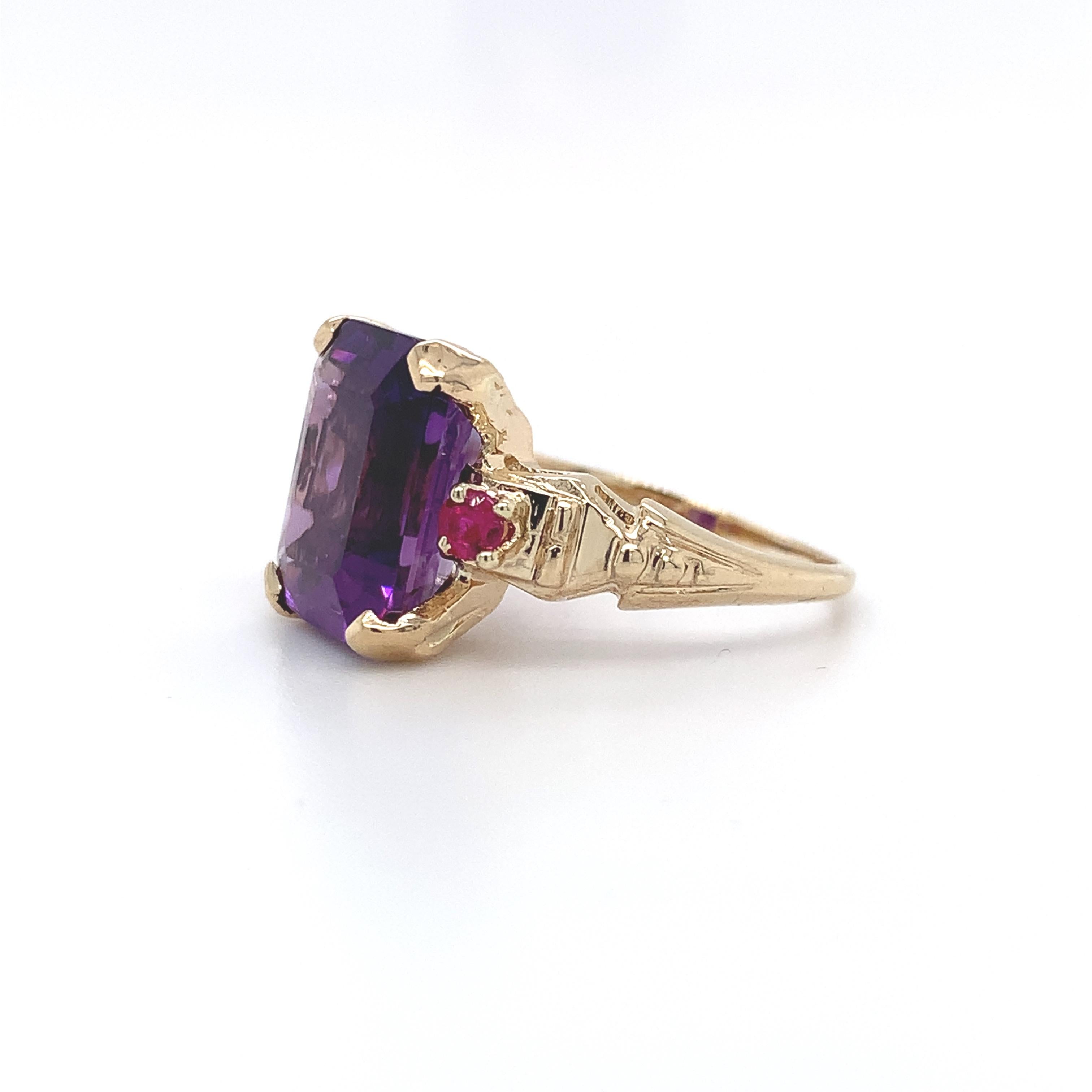 Emerald Cut Retro 5.24ct Amethyst 14K Ring with Rubies For Sale