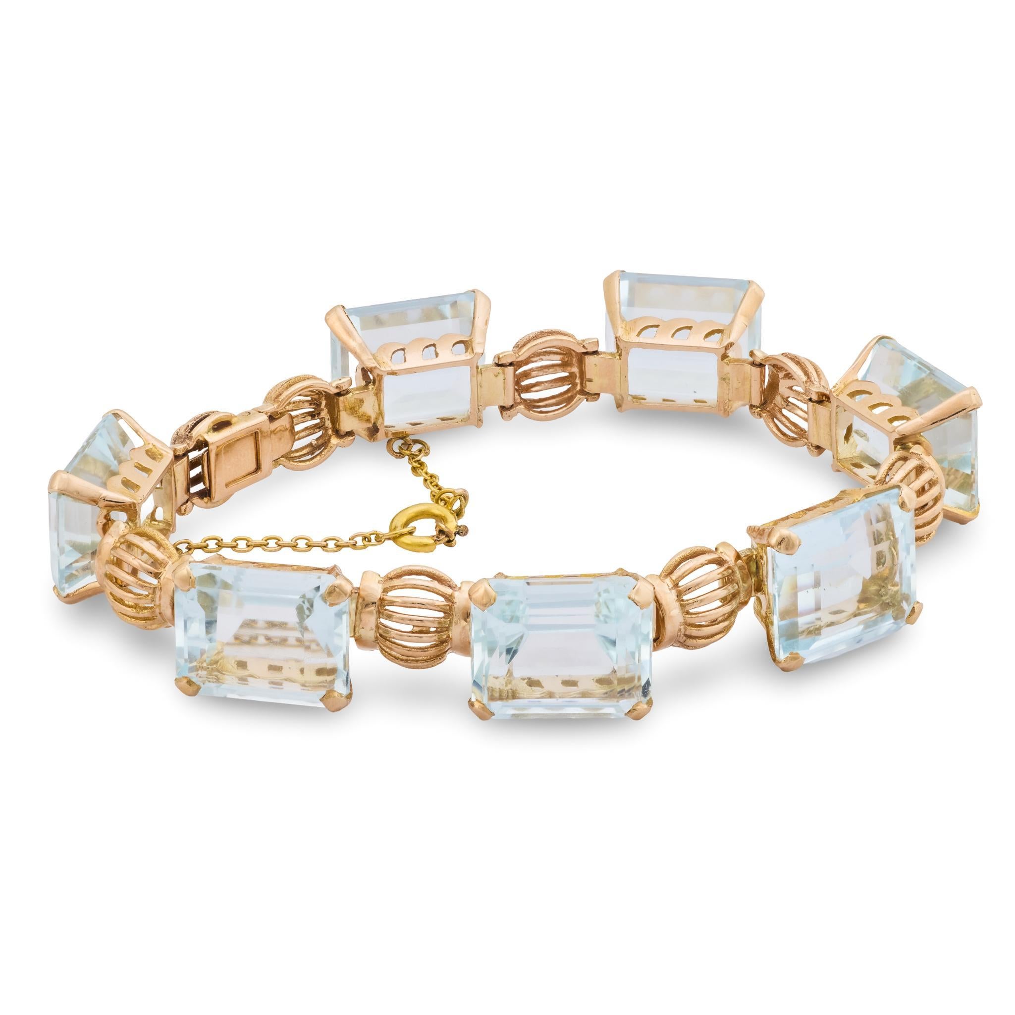 Rétro Bracciale retrò in oro rosa 18k con acquamarina da 55 carati in vendita