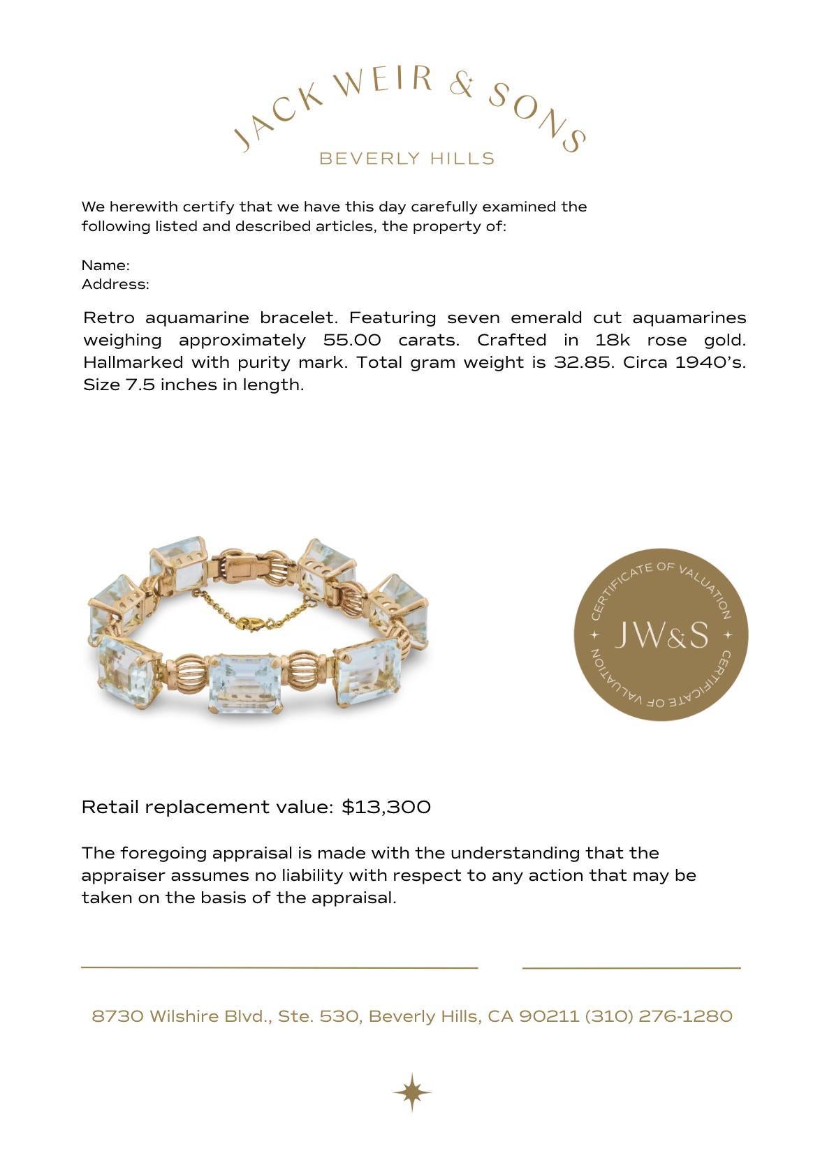 Bracciale retrò in oro rosa 18k con acquamarina da 55 carati in vendita 1