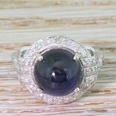 Retro 5.65 Carat Natural Cabochon Sapphire and Diamond 18k Gold Ring