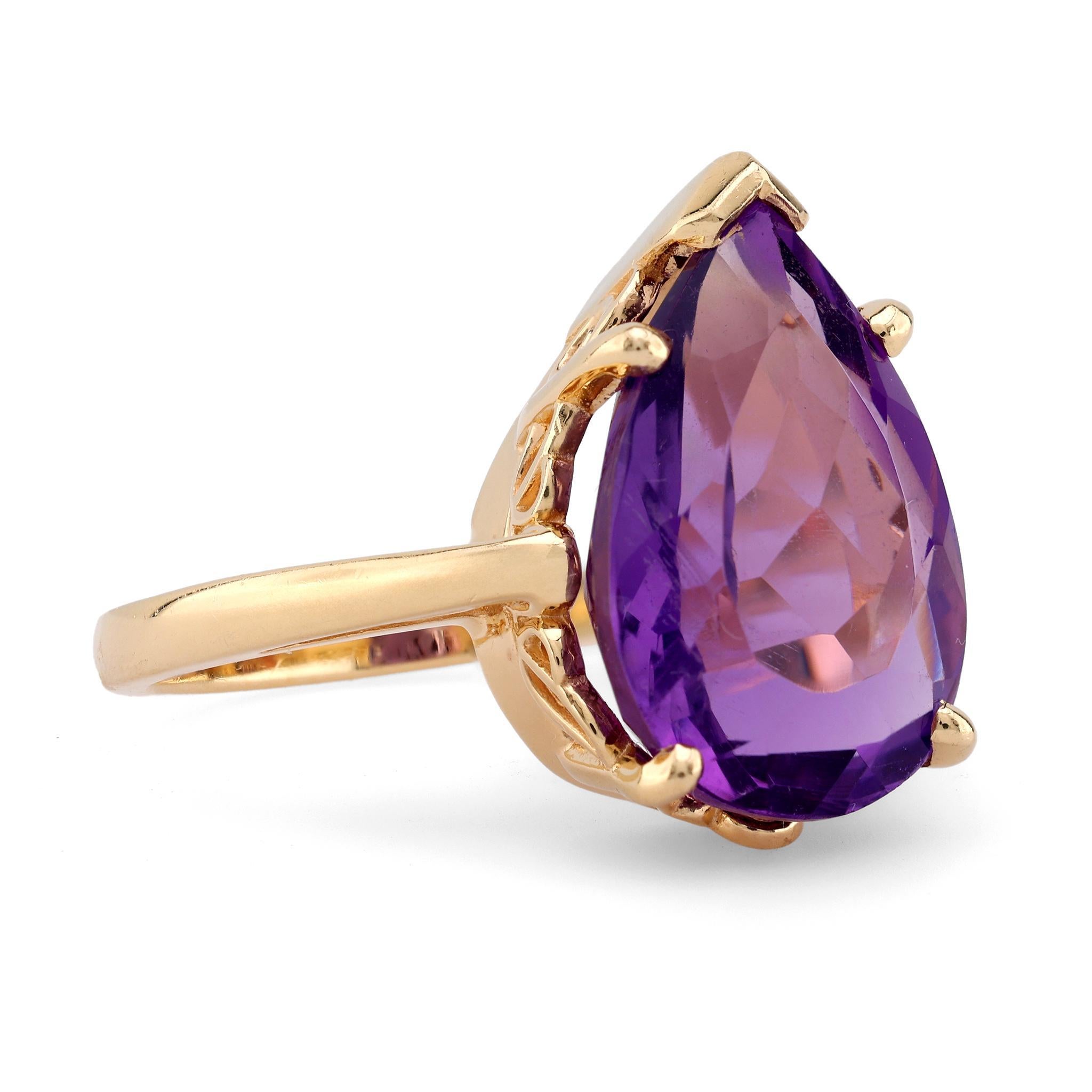 Anillo solitario retro de oro amarillo de 14 quilates con amatista en forma de pera de 5,8 quilates Retro