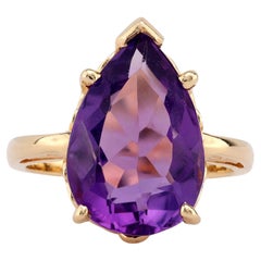 Anillo solitario retro de oro amarillo de 14 quilates con amatista en forma de pera de 5,8 quilates