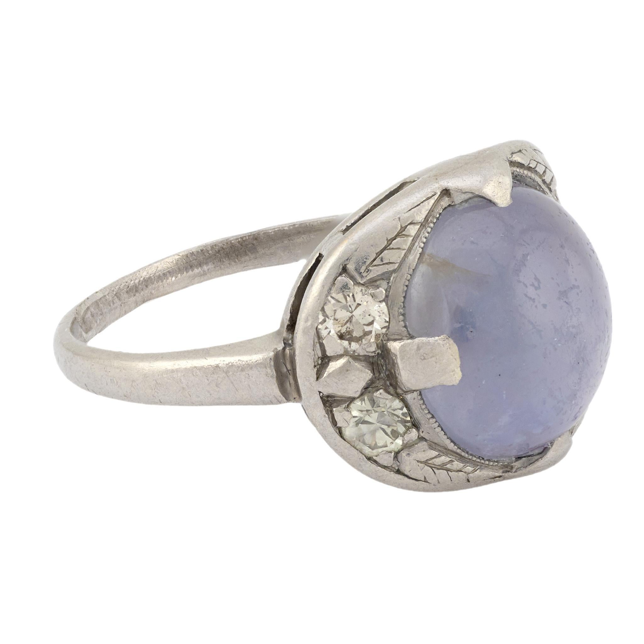 Cabochon Retro 5.80 carat star sapphire diamond palladium cocktail ring For Sale