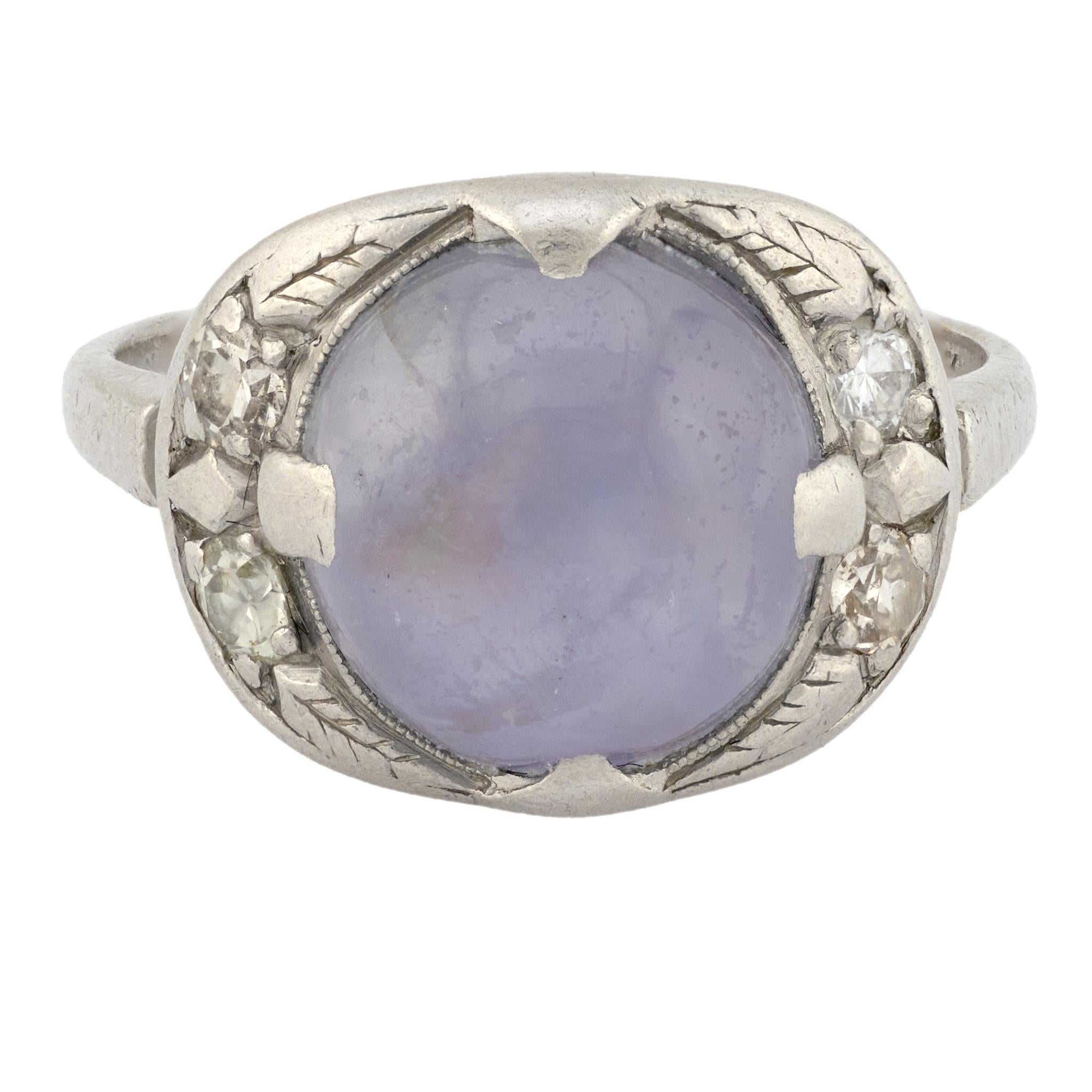 Retro 5.80 carat star sapphire diamond palladium cocktail ring In Good Condition For Sale In Beverly Hills, CA