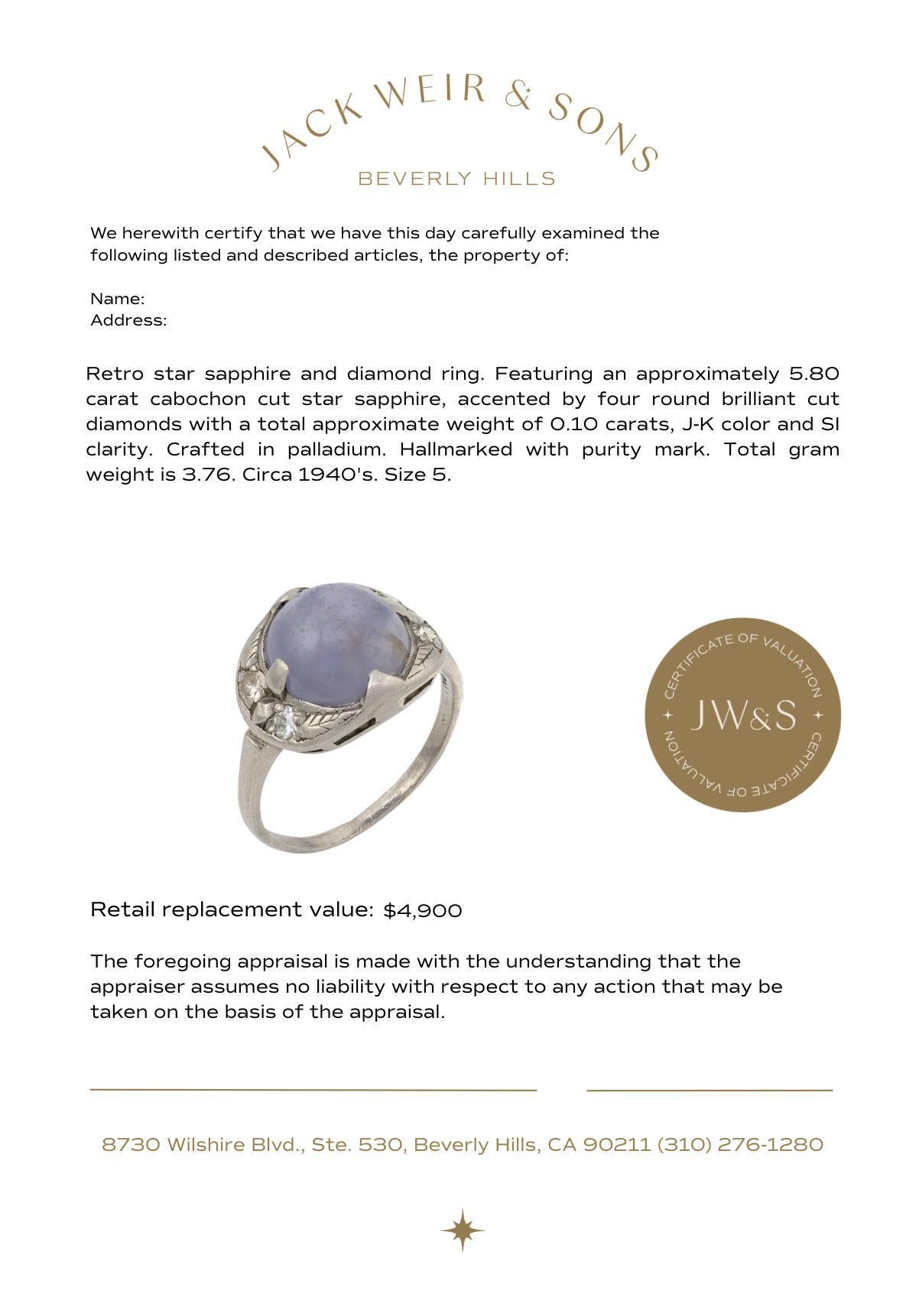 Women's Retro 5.80 carat star sapphire diamond palladium cocktail ring For Sale