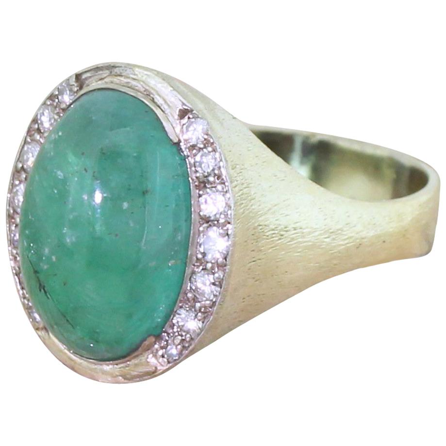 Retro 5.94 Carat Cabochon Emerald and Diamond 14 Karat Gold Ring
