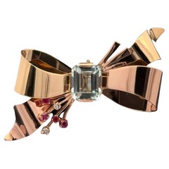 Retro 6 Carat Aquamarine, Diamond and Ruby Gold Mid Century Modern Brooch Pin